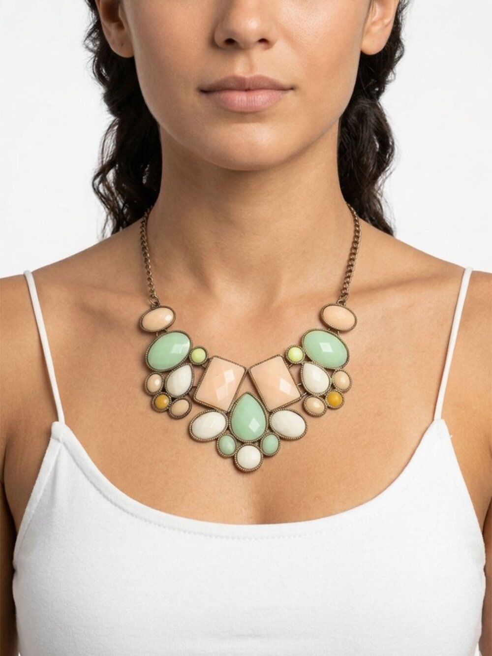 Chunky Pastel Statement Necklace Green Peach Cream Ornate Bib Chain Collar